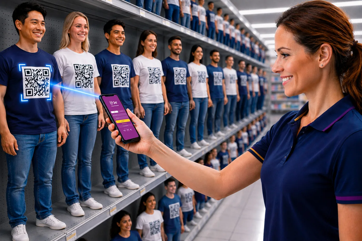 Lojista usando o app iFree para escanear e cadastrar produtos com desconto